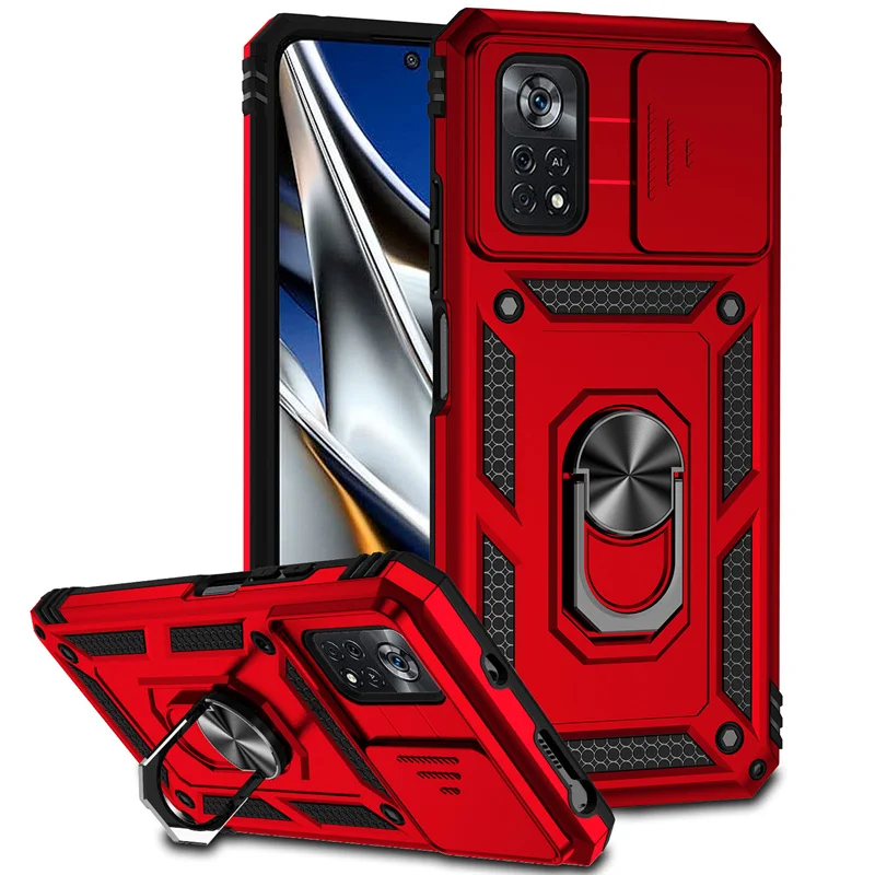 Enhanced Armor Case with Slide Window Lens Protector and Magnetic Holder Ring for Xiaomi Poco X4 Pro 5G