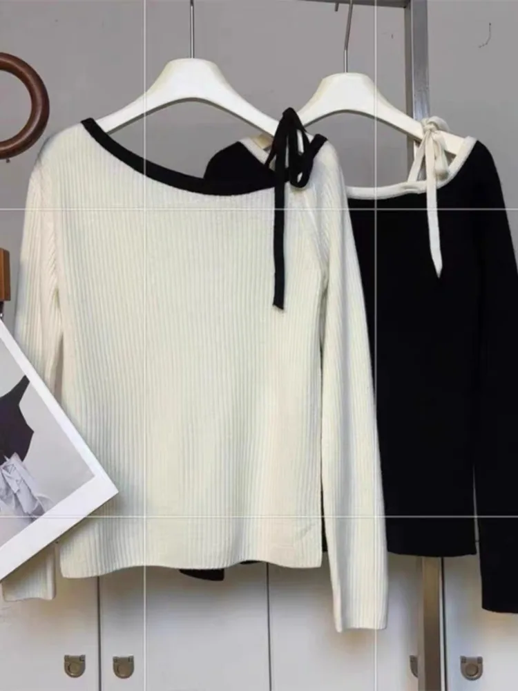 Spring New Cross-Collar Lace-up Women's Solid Color Long Sleeve Sweater Fashion Vintage Slim Fit Pullover Casual Knitwear Top