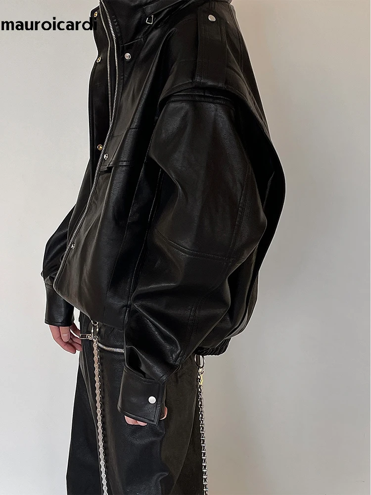 Mauroicardi Autumn Winter Oversized Cool Waterproof Windproof Black Pu Leather Jacket Men Zip Up Luxury Designer Clothes leather jackets,men winter jacket