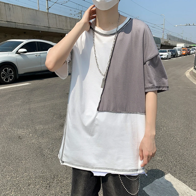 

Bright Line Decoration Patchwork Oversized Summer Short Sleeve Round Neck Men Casual T Shirt Fashion Couples Clothes Tops 2023