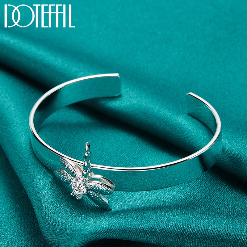 DOTEFFIL 3pcs 925 Sterling Silver AAA Zircon Dragonfly Neckalce Ring Bracelet For Woman Man Wedding Party Charm Jewelry