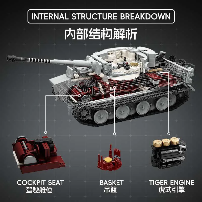 Snow-Covered WWII Tiger Heavy Tank Building Block Set - Black Tracked Armored Vehicle Toy
