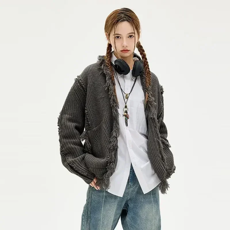Chinese Style Retro Tassel Thick-line Sweater Jacket Men Women Autumn Winter Knitted Coat Loose Couple Knitted Cardigan Preppy