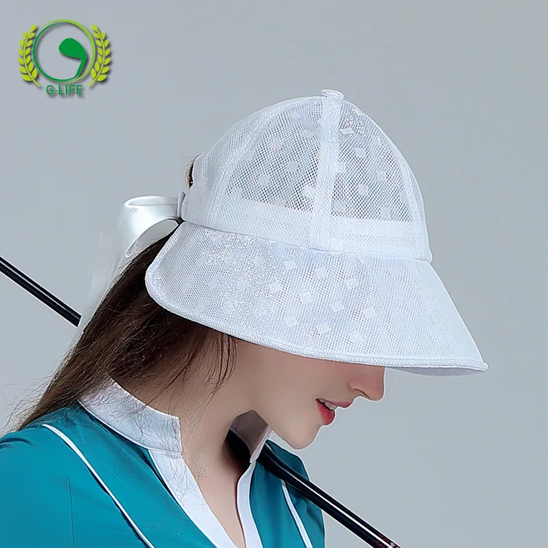 G-life Women Sun Protection Golf Caps Ladies Breathable Wide Brim Hats Women Lace Hollow Bow Visor Summer Outdoor Anti-Uv Caps