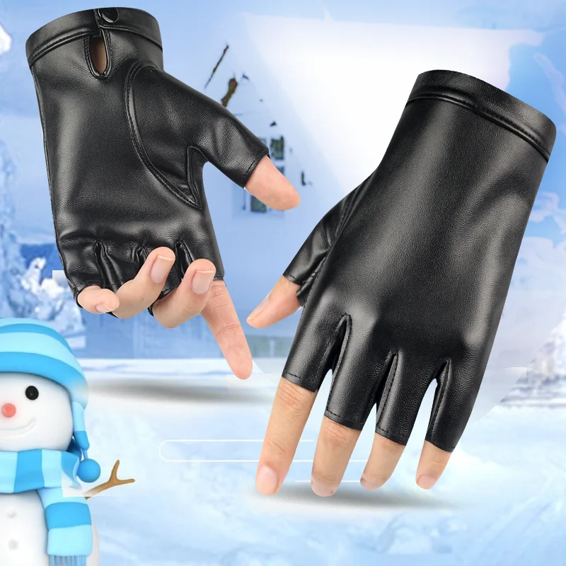 

Leather gloves for men and women with half fingers, four seasons driving, exposed fingers, outdoor sports, plush insulation, ant
