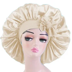 Elegant Satin Hair Bonnet with Bow Decor - Anti - Frizz Sleep Cap (GBOW2192BEIGE)