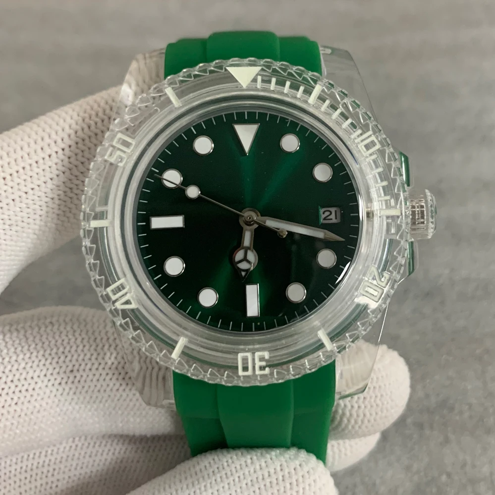 Luminous Transparent Plastic Case 40mm Automatic Mechanical Watch Acrylic Glass with Dandong 2813 Movement
