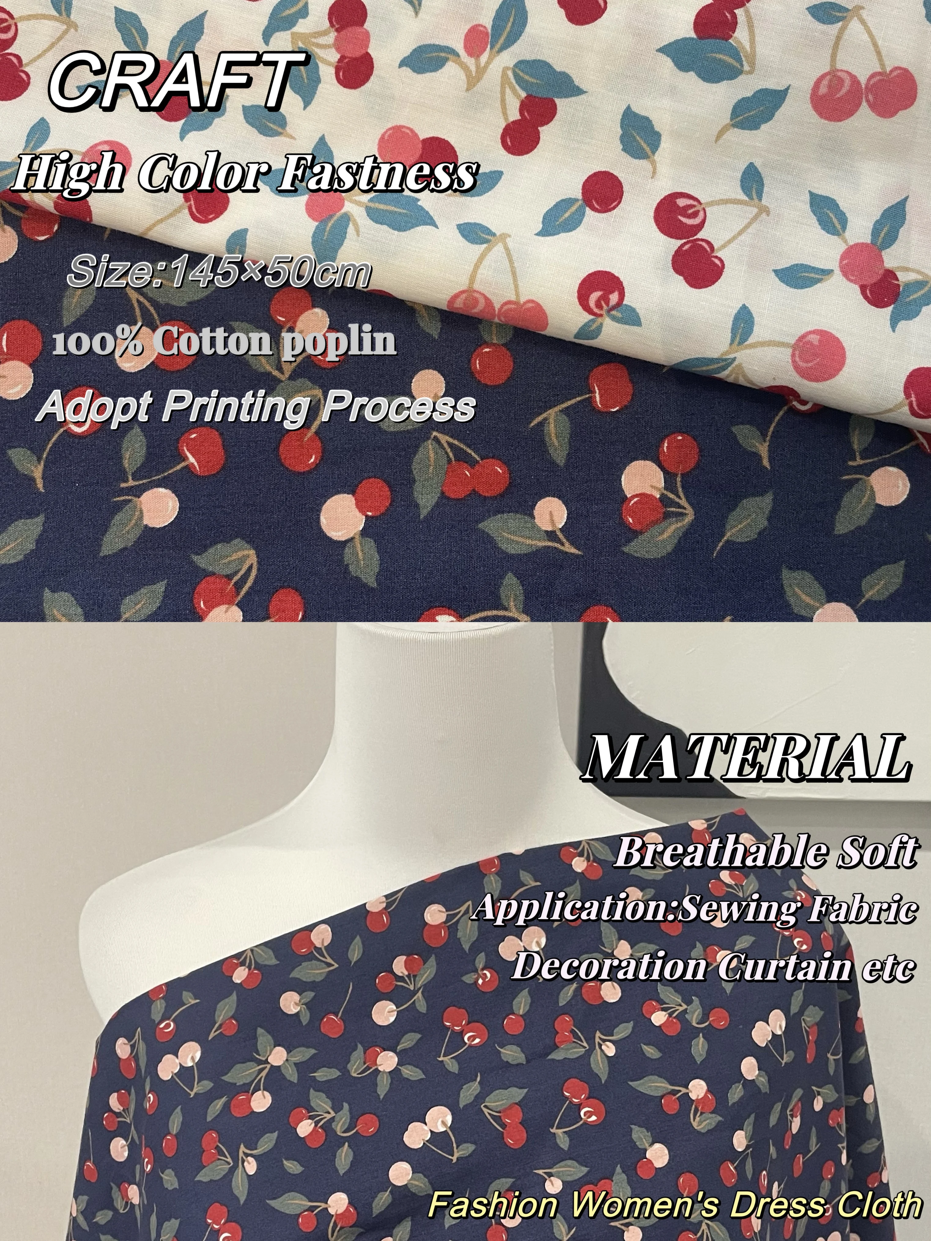 145×50cm Fruit Cherry 40S Tissun Liberty Cotton Fabric For Kids Baby Sewing Cloth Dresses Skirt DIY Handmade Poplin Patchwork