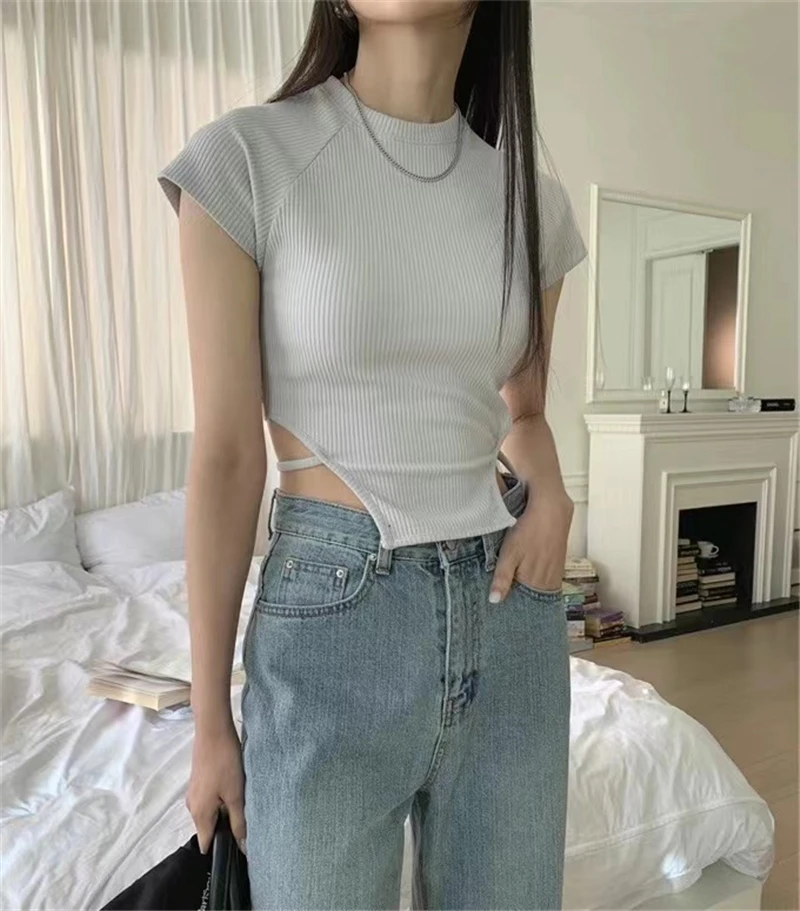 

Summer Woman Tshirts Harajuku Irregular Korean Tees Bandage Tunic Short Sleeve Crop Tops Fashion Sexy Y2k T Shirt Ropa Mujer