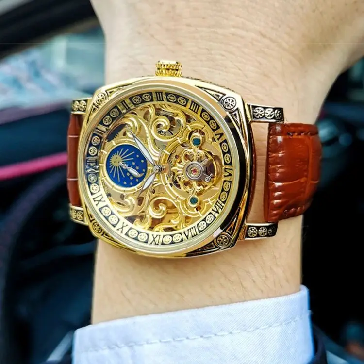 Vintage Square Tourbillon Mechanical Watches Luminous Hands Leather Strap Business Skeleton Automatic Mens Watch_voghion.com