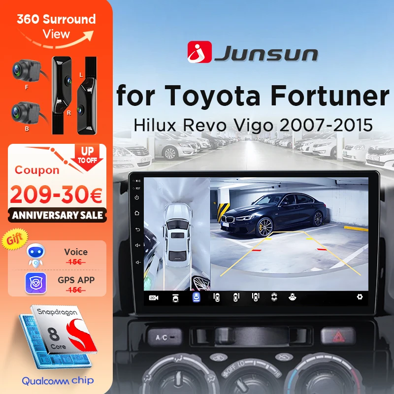 Junsun 360° ° Panoramakamera-Autoradio für Toyota Fortuner Hilux Revo Vigo 2007–2015 Wireless CarPlay Android Auto Stereo GPS