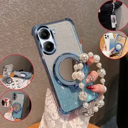 Bling Glitter Lipstick Mirror Phone Case with Pearl Chain and Shockproof Protection for Oppo A6t 4G (Blue)