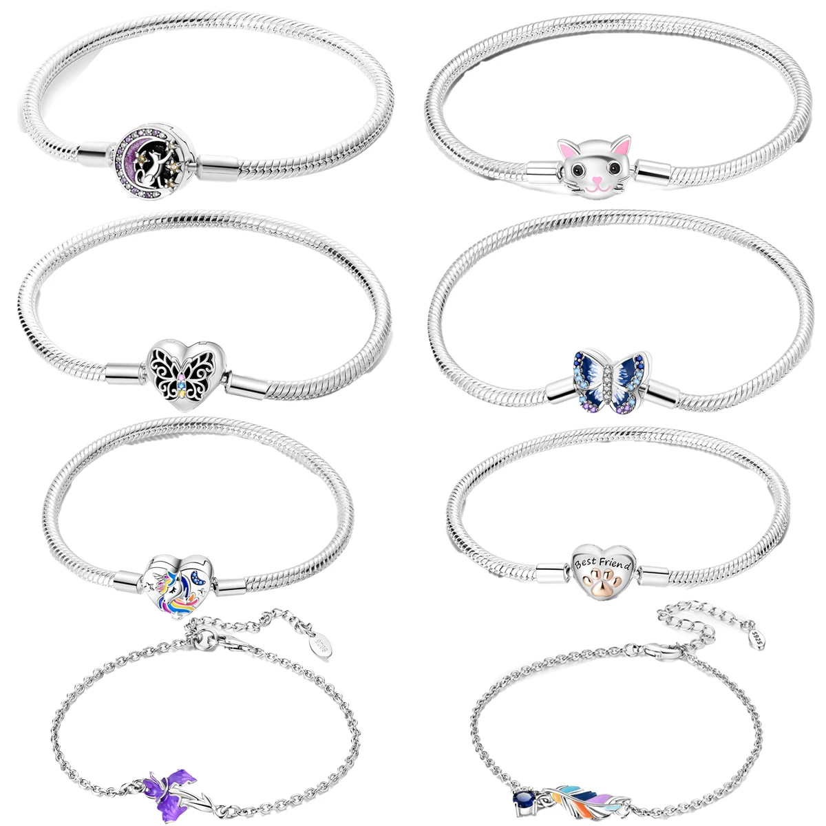 

Charms 925 Sterling Solid Silver Bracelet Heart Cat Butterfly Chain Sparkling Blue Disc Clasp Snake Chain Bracelet Women Jewelry