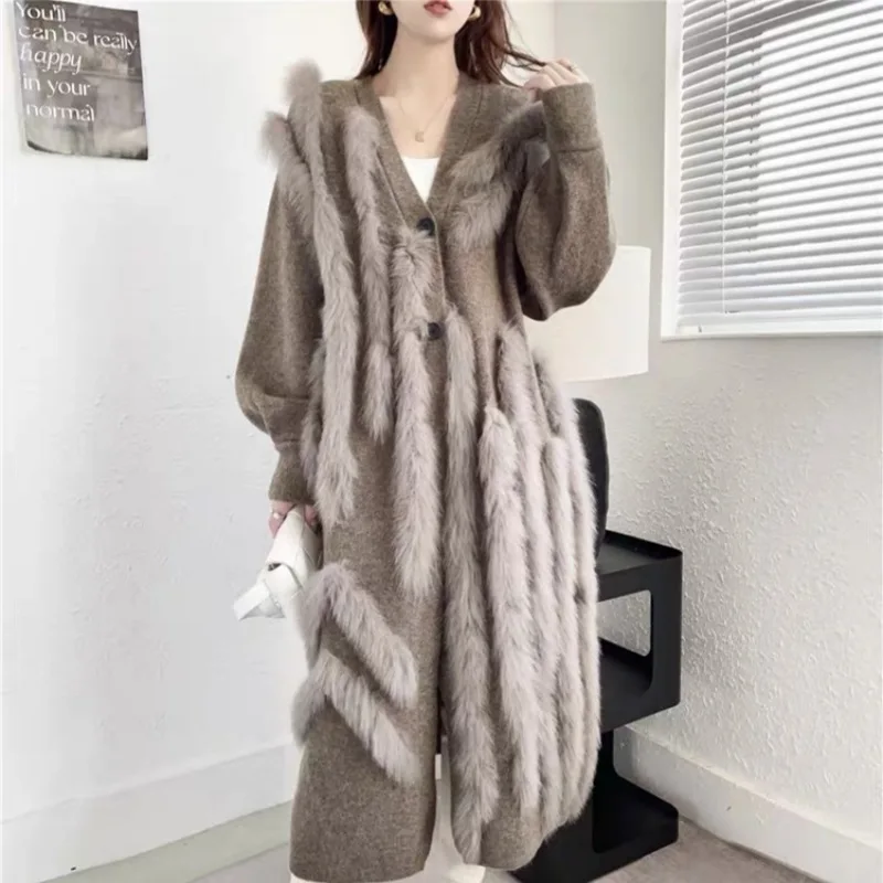 

2024 New Cardigan Sweater Splicing Real Fox Fur Hair Knited Long Trench Coat Women Autumn Winter Temperament Sweaters Female