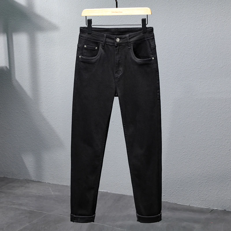 2024 Elastic Black Jeans Men's Summer Straight Fashion Korean Style Slim-Fitting Ankle-Tied Trousers Light Luxury Men's Clothing