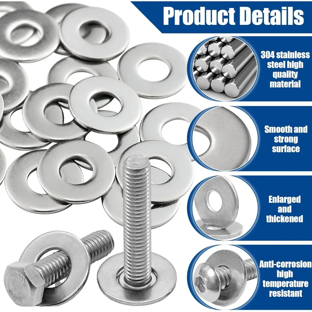 Large Wide-Body Stainless Steel Flat Washers - Set of 275 for Versatile Use in Home, Kitchen, Shop, and Outdoor Maintenance
