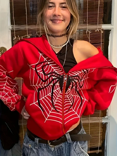 2023 Cross Border Spider Web Zipper Sweater Women's Casual Trendy Hoodie Spring and Autumn Fleece American Coat 3
