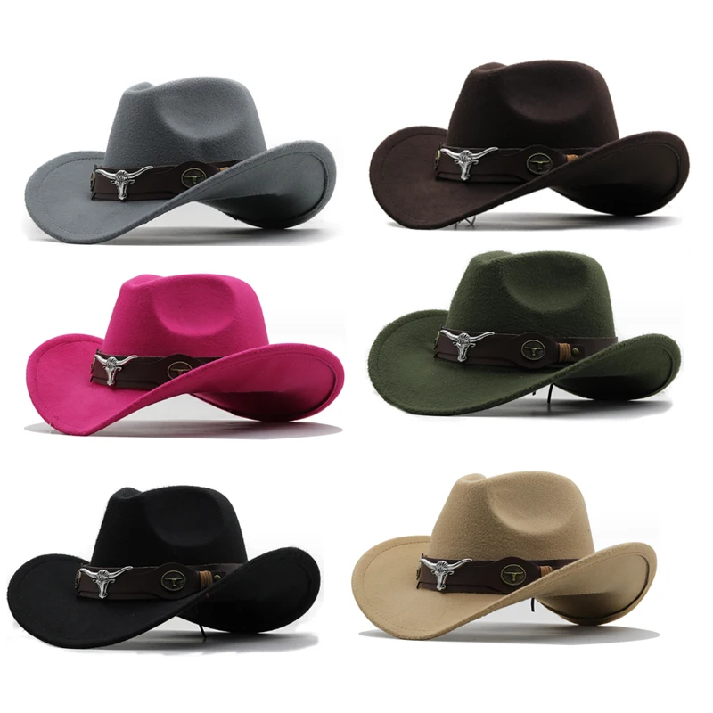 

Gentleman Upturned Eaves Jazz Hats New Women Men Wool Chapeu Western Cowboy Hat Sombrero Hombre Cap Cowgirl Hats Cowhead Belt