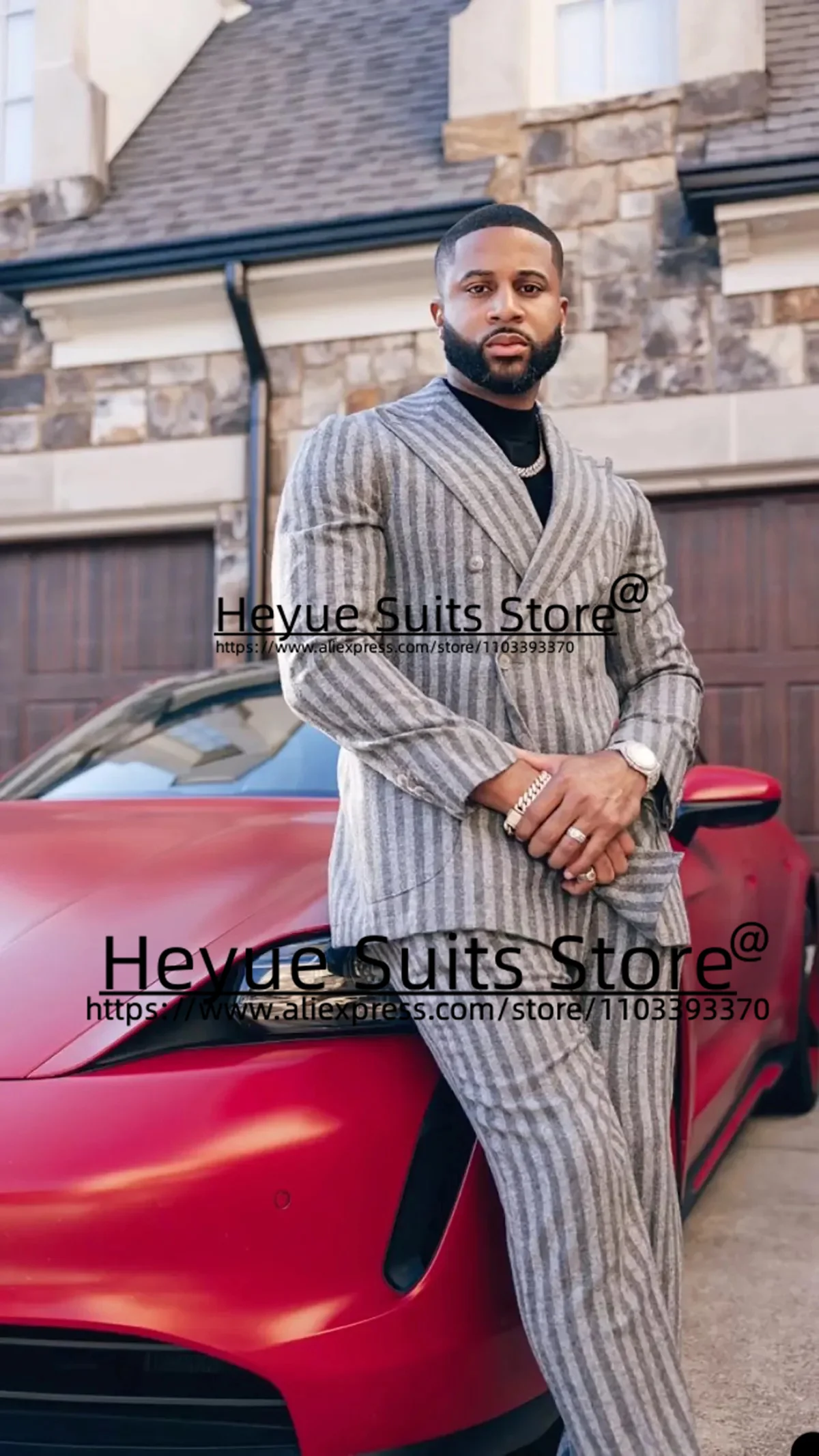 Custome XS--6XL Gray Stripe Men Suits Slim Fit Peak Lapel Groom Formal Tuxedos Double-breasted2PCS Sets traje de hombre elegante
