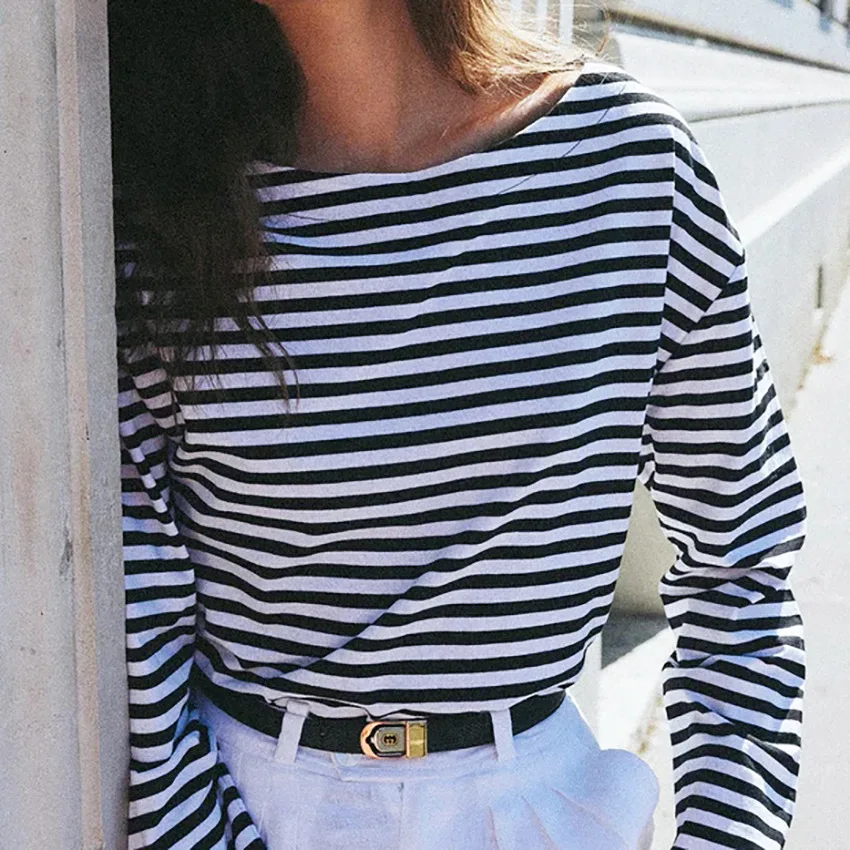 

2023 Autumn Fashion Casual Top Crew-Neck Striped Bottom Shirt Commuter Long Sleeve T-Shirt Woman