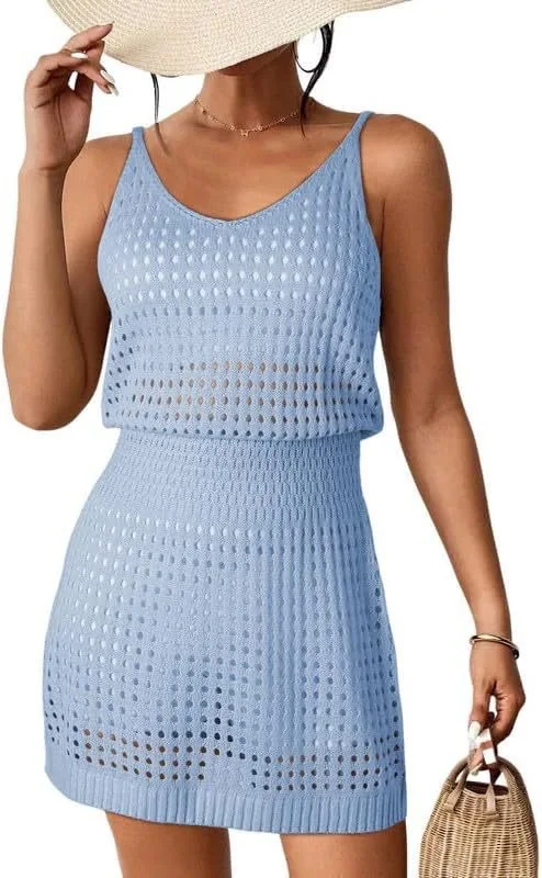 

Sarebon Sexy knitted camisole dress with waist cinched white camisole dress 2024 sexy hollow out beach skirt