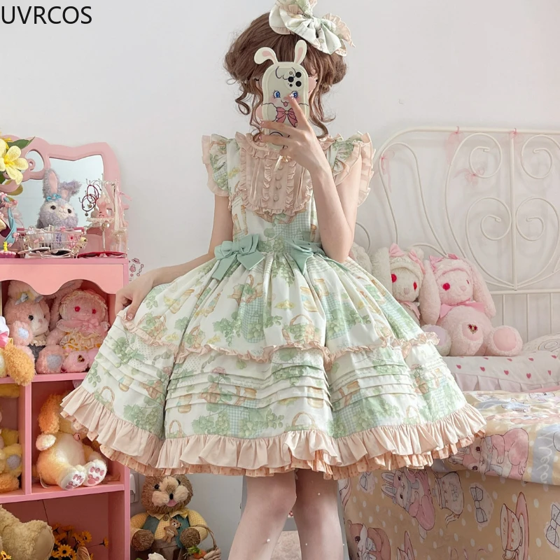 Lolita Dress Lolita Cosplay Costumes Japanese Kawaii Lolita Jsk Dress Women Victorian Retro Ruffle Grape Print Bandage Bow Trailing Princess Dresses Party Mini Dress