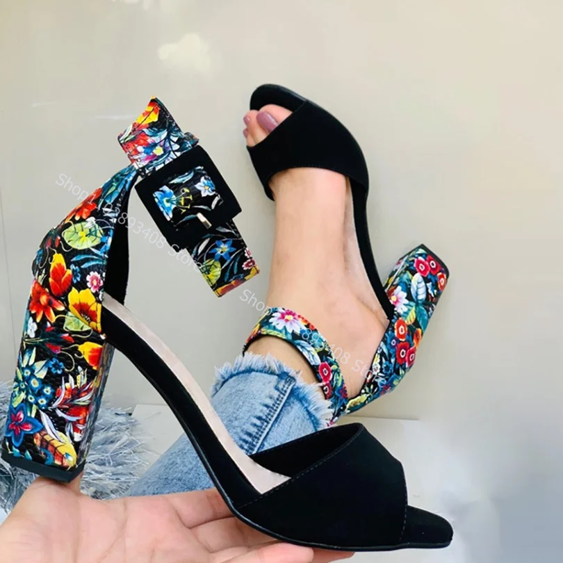 

Peep Toe Print Flock Sandals Cover Heel Ankle Buckle Solid Chunky High Heels Women Summer Shoes Fashion Shoes Zapatillas Mujer