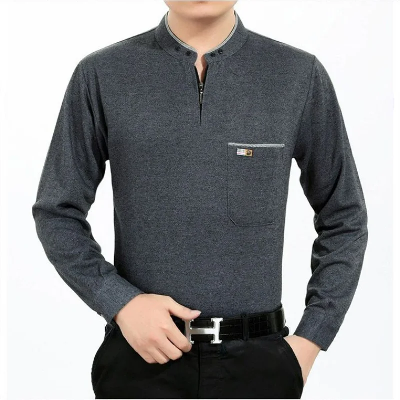 남성용 솔리드 지퍼 폴로 셔츠, 용수철 가을 기본 비즈니스 캐주얼 남성 의류, 루즈 긴팔 상의, 2023 신상 스트리트웨어