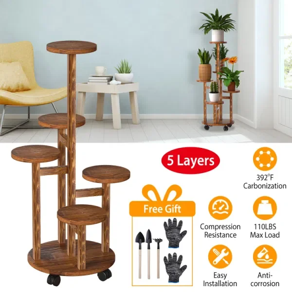 5 Tier Plant Stand with 4 Detachable Wheels Wooden Plant Pot Rolling Shelf Display Rack for Indoor Outdoor Decoration