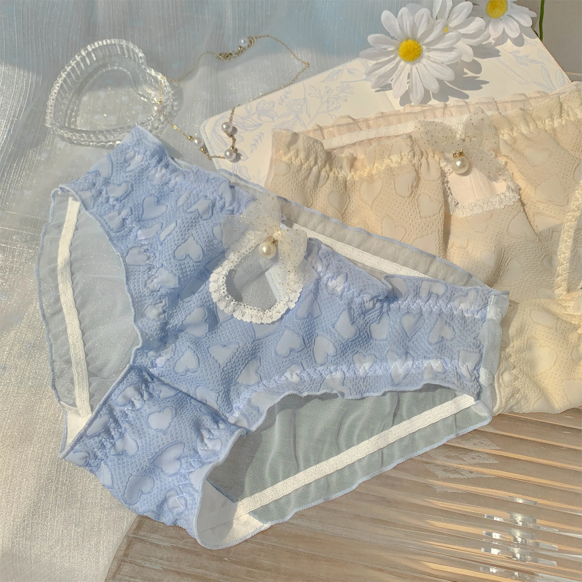 

Milk Blue Sweetheart Sweet Mesh Lace Pure Desire Hollow Out Summer Thin Mid Waist Breathable Comfortable Short Pants for Women
