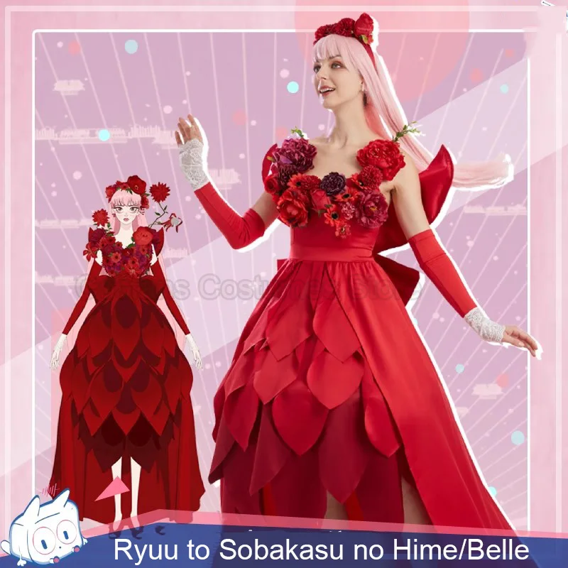 

Ryuu to Sobakasu no Hime/Belle Red Dress Cosplay Costume Wigs Halloween Costume Christmas Carnival Party Dress