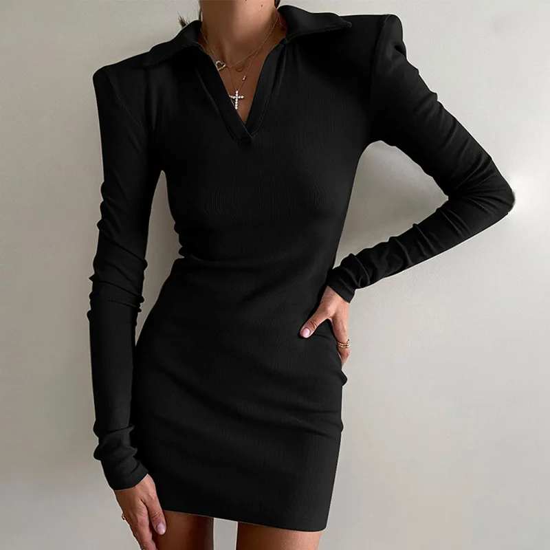 

2022 Women Elegant Turndown Collar Solid Long Sleeve Shoulder Pads Sexy Bodycon Dress Fall Birthday Party Y2K Outfit