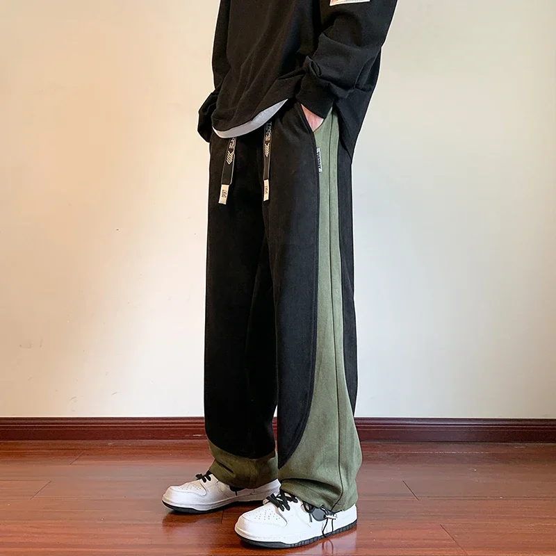 

2024 Spring Summer Casual Baggy Pant Male Patchwork Sweatpants Hip Hop Loose Fit Straight-Legs Pants College Style Sweat Pants