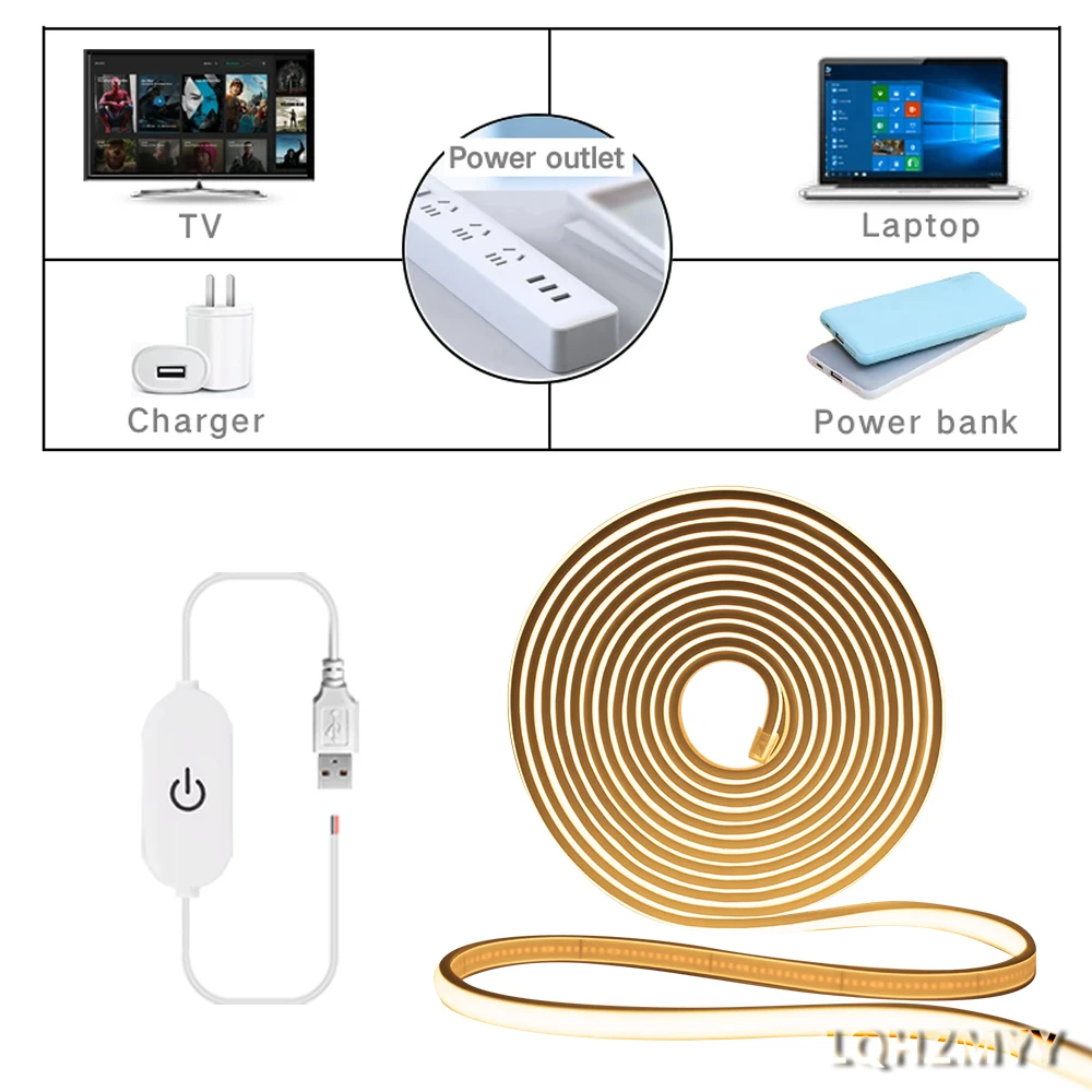 1M/2M/3M/4M/5M 1-Roll Dimmable Cob Neon Light, Low Voltage 5V USB Powered, Touch Sensor Switch, Touch Switch with Adjustable Light Brightness, White Light/Warm Light/Neutral Light, for Space-Themed Decor, Cabinet Tv Ceiling Lighting, Live Streaming Fill Light, Mirror Fill Light, Etc