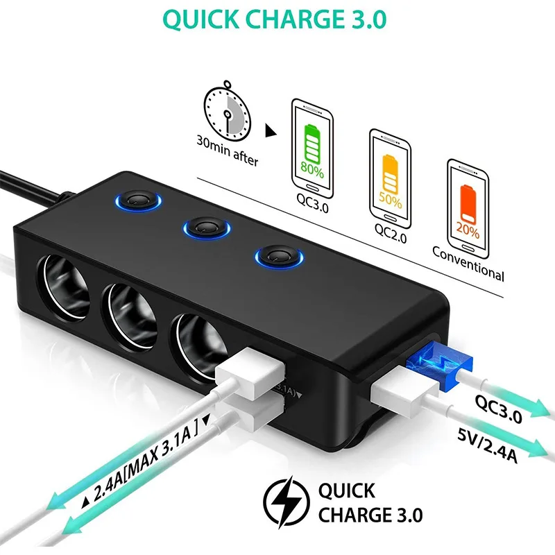 Quick Charge 3.0 Adaptateur Allume-Cigare 120W, Qidoe 12V/24V CC 3