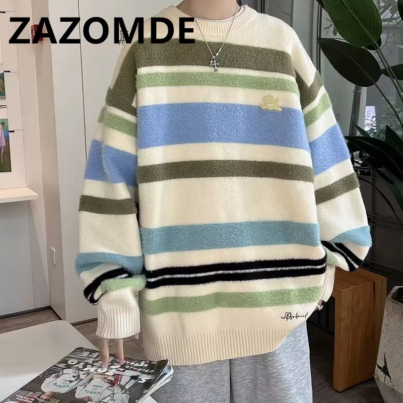 

ZAZOMDE Winter New Round Neck Knitwear High Street Sweater Men Fashion Contrast Color Striped Loose Casual All-match Jumper Tops