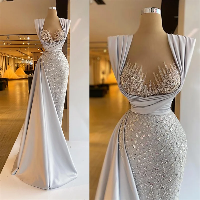 

Elegant Luxury Sparkly Prom Dress Sequined Sleeveless Side Slit Evening Gowns Floor-Length Pleats Custom Made Robes De Soirée