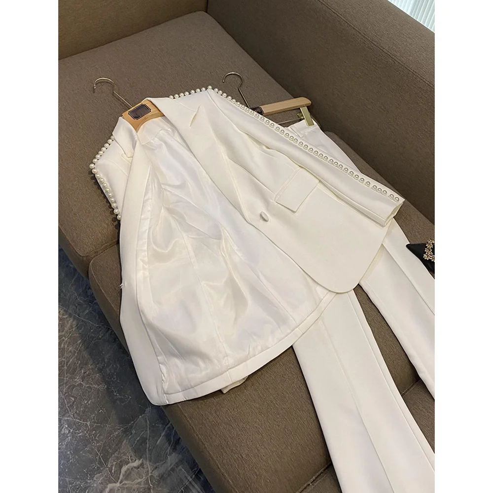Luxury Pearls Women Pants Sets 2 Piece White Peak Lapel Single Button Wear Fashion Elegant Wedding Party Office Lady Suits 3
