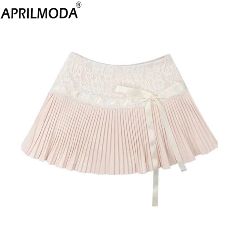 

Летняя Милая Мини-юбка в стиле пэчворк, милая плиссированная короткая юбка для девочек в стиле Харадзюку с бантом, Женская Милая Кружевная юбка в японском стиле «лолита»