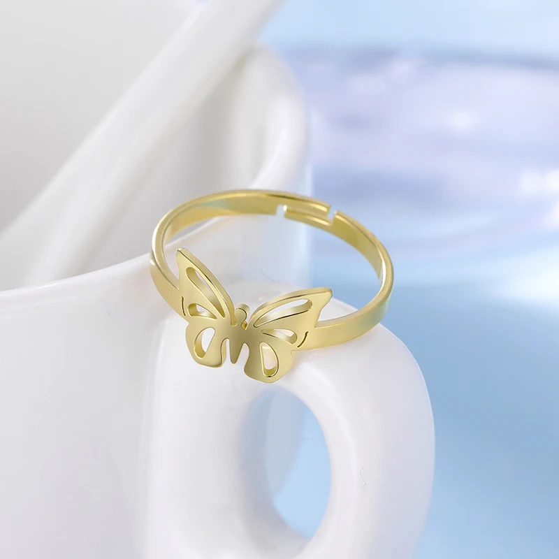 Amaxer for Women's Exquisite Hollow Butterfly Ring Gold Color Stainless Steel Fashion Ring Jewelry Party Friend Gift 2