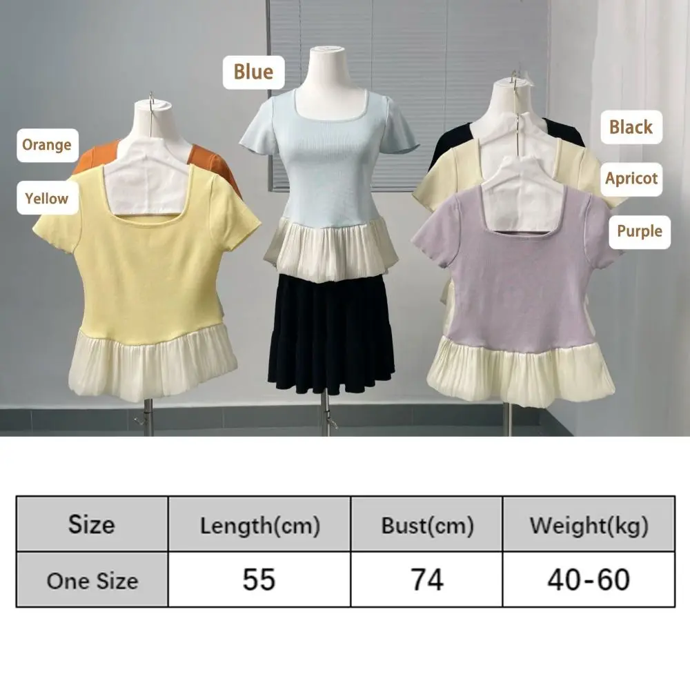 Fashion Short Sleeve Summer Knitted T-Shirt Slim Fit U-neck Sweet Crop Tops Patchwork Korean Style Mesh Ruffle T-Shirt Girls