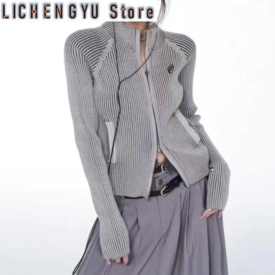 

New Grey Vintage Zipper Cardigan Women Embroidery Aesthetic Grunge Sweater Short Jackets Basic Female Slim Knitted Coats Femme