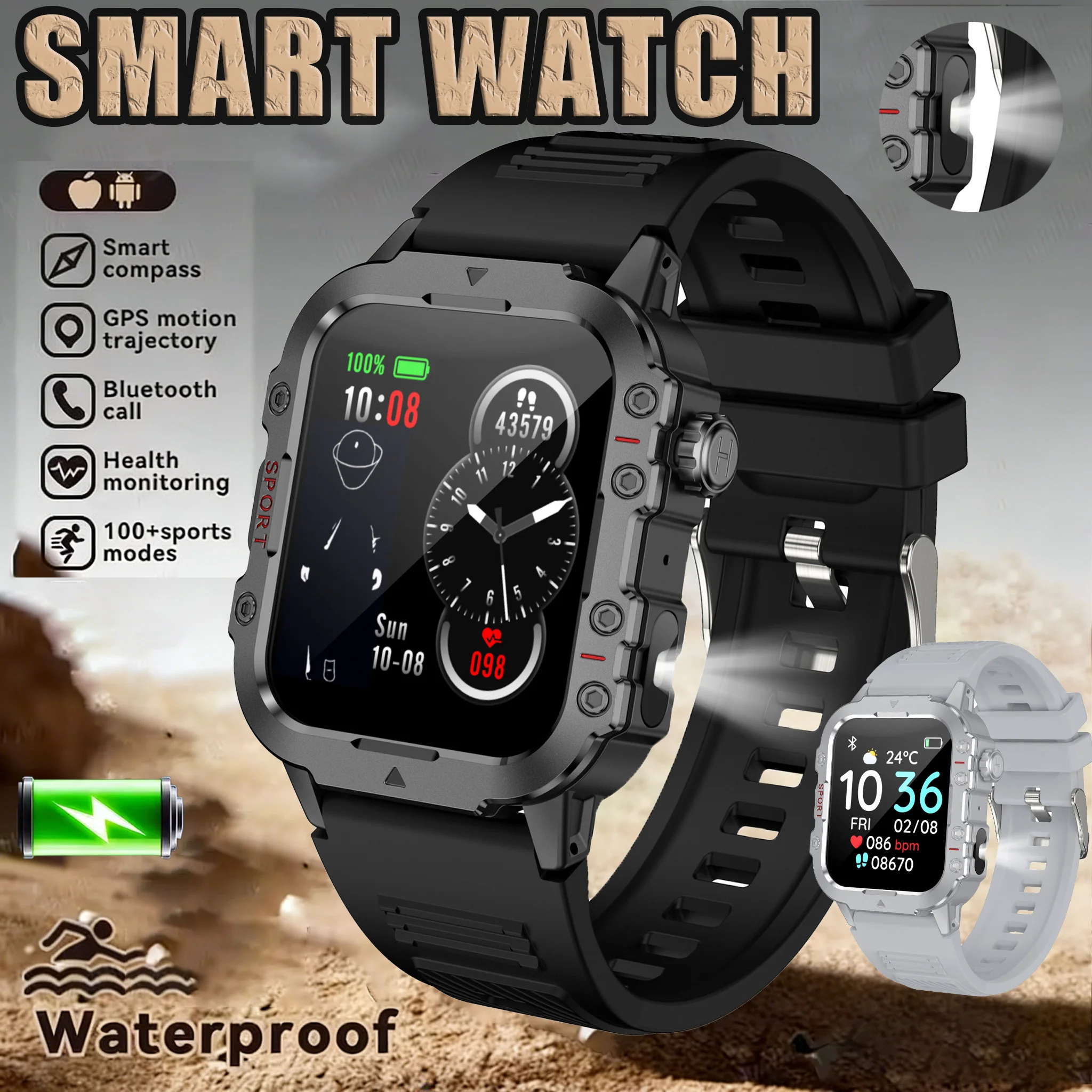 2026 New Outdoors Smart Watch LED Flashlight IP68 WaterProof Multi-Sport Mode Heart Rate Blood Oxygen Monitoring Men Smartwatch 1