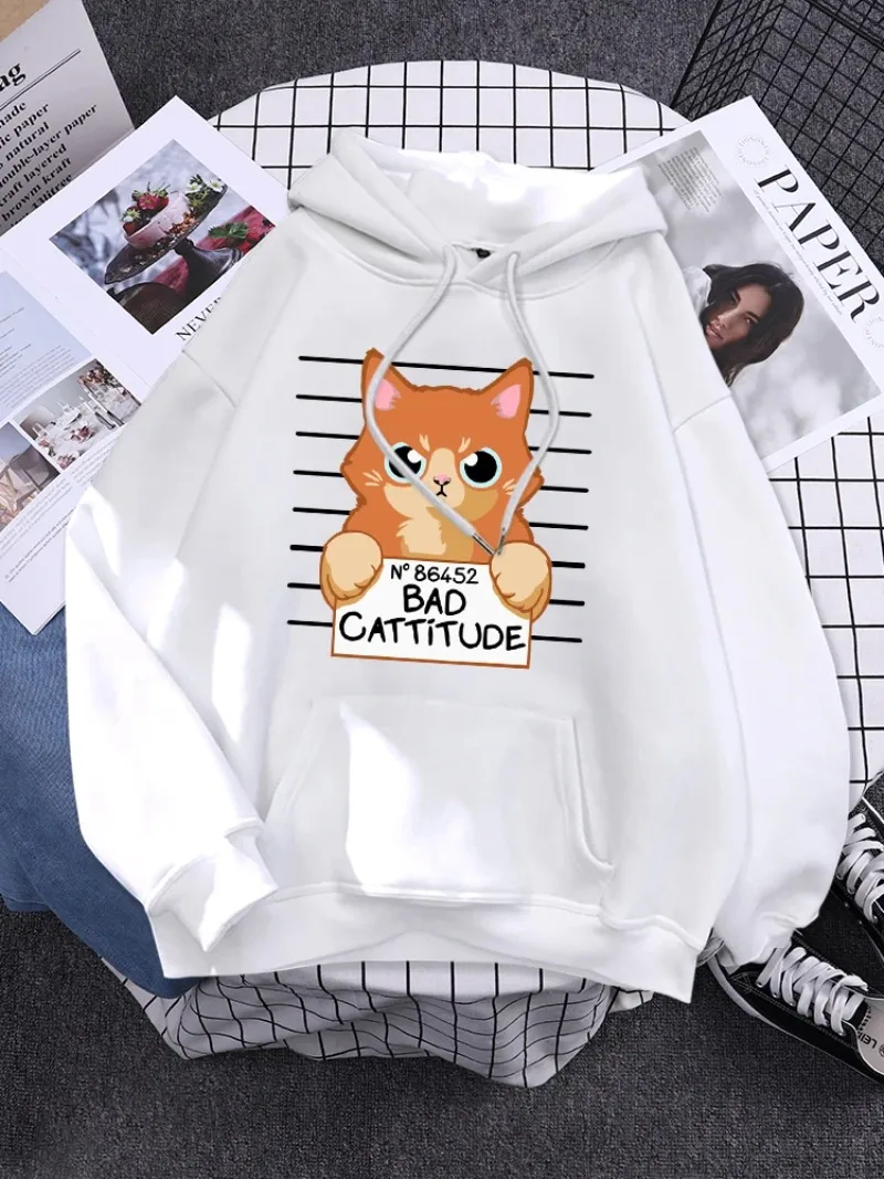 

Women Fashion Casual Hoody Fleece Autumn Clothing Warm Crewneck Streetwear For Female Bad Cattitude Orange Cat Pattern Hoodie