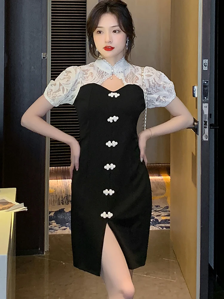 

Летнее черное лоскутное кружевное ажурное привлекательное мини-платье, женское корейское винтажное платье Хепберн 2023, элегантное облегающее платье из искусственной кожи, ночное платье