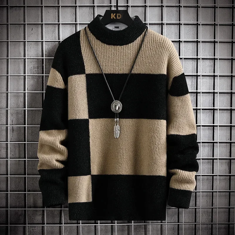 

Warm Autumn Winter Sweaters Men Casual Patchwork Color Knitted Pullovers Male Plaid Round Neck Sweater