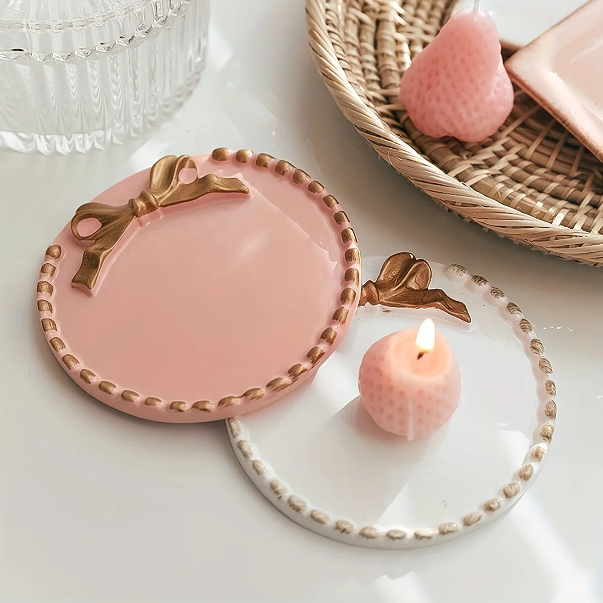 1PC Bowknot Jewelry Display Storage Tray, Decoration Round Tray For Necklace, Earrings, Household Candle Storage Tray