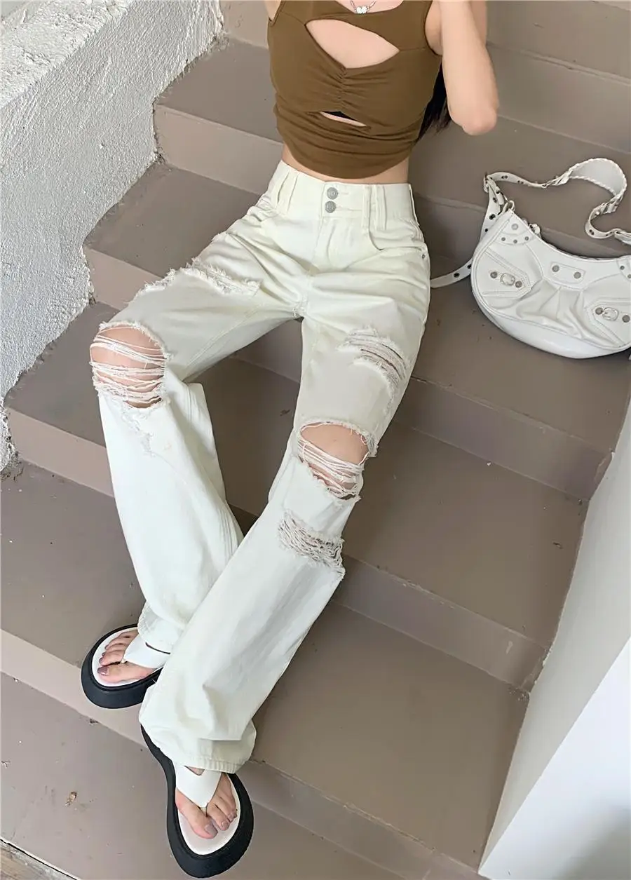 Jeans Ripped Women'S White Baggy Vintage Cowboy Pants Harajuku Streetwear Oversize Denim Trousers Y2k Floor Mopping Pants 2024