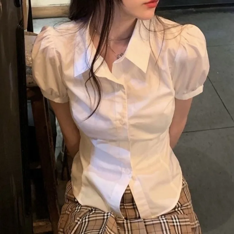 

White Puff Sleeve Shirts Women Y2k Summer Sweet Tunic Korean Style Crops Casual Harajuku Girlish Lady Fashion Turn Down Collar