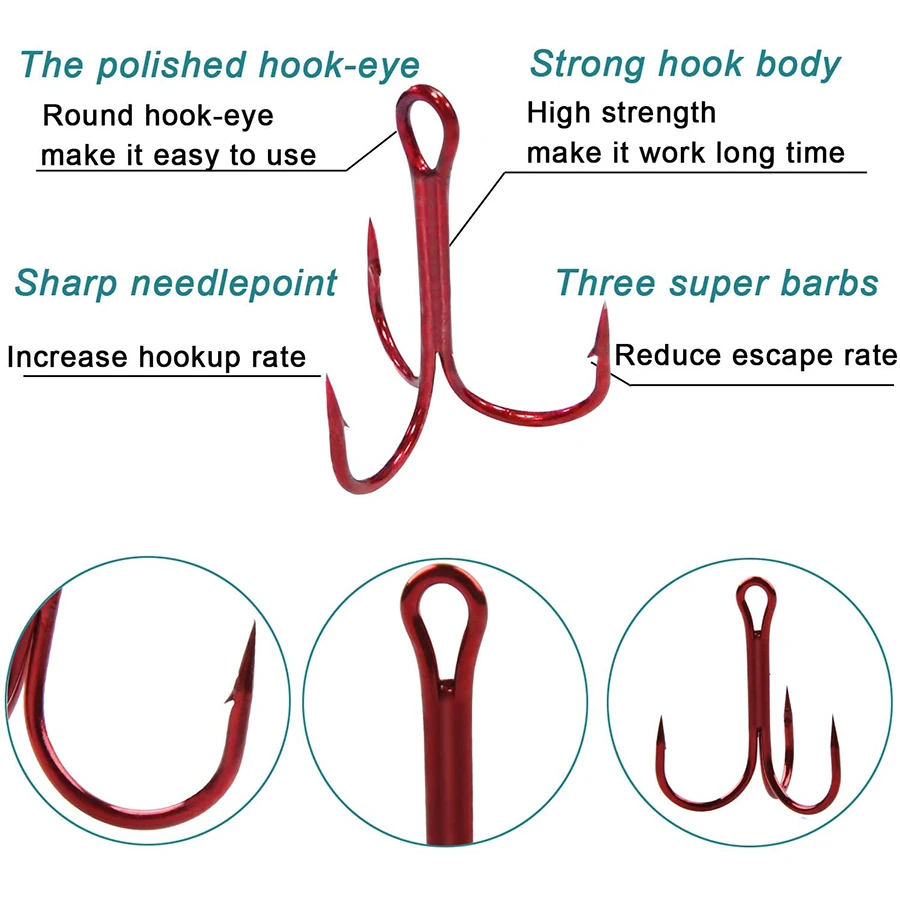 Red Treble Hooks 50pcs/Box High Carbon Steel Fishing Hooks Kit for